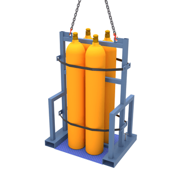Blue crane lifting gas bottle handler stillage holding 4 yellow gas bottles.